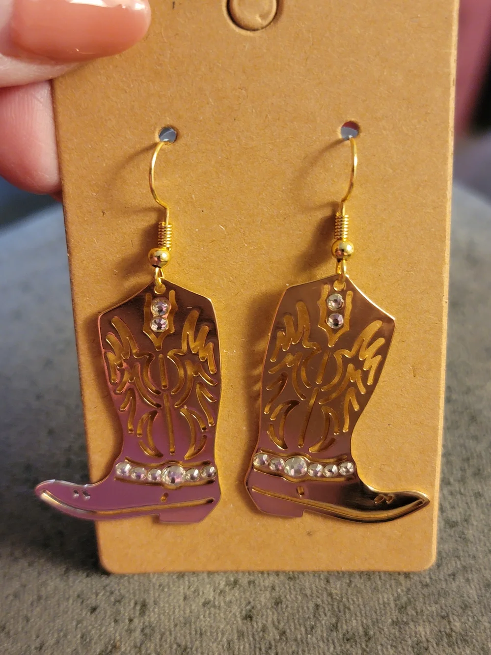 Handcrafted Western Gold Cowboy Boot Dangle Earrings w/Crystal Accents